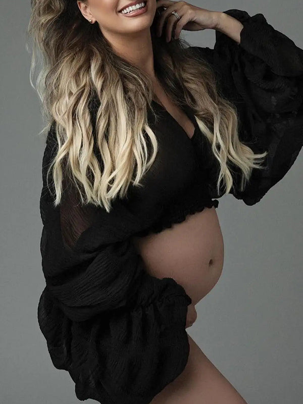 fotobeyou Belly Friendly Loose Puff Sleeve Props Accessories Sheer Photography Babyshower  Maternity Pleated Top