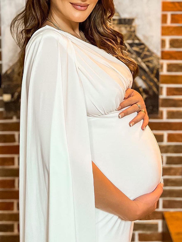fotobeyou White Belly Friendly One-Shoulder Bodycon Cape Sleeve Babyshower Maternity Jumpsuit