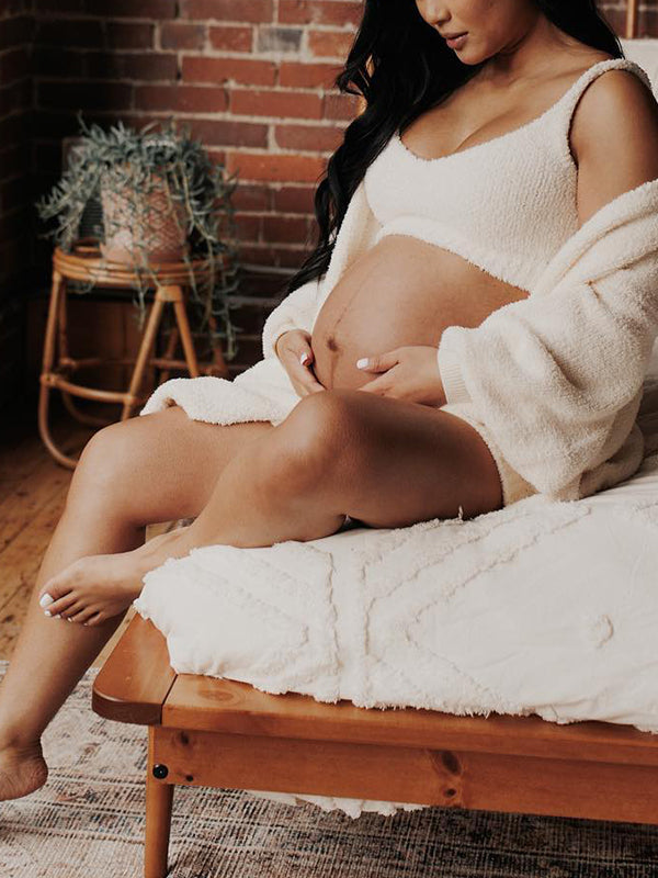fotobeyou Ivory Three-piece Cozy Knit Set Plus Size Crop Top Cardigan Fluffy Loungewear Casual Daily Maternity Outfit