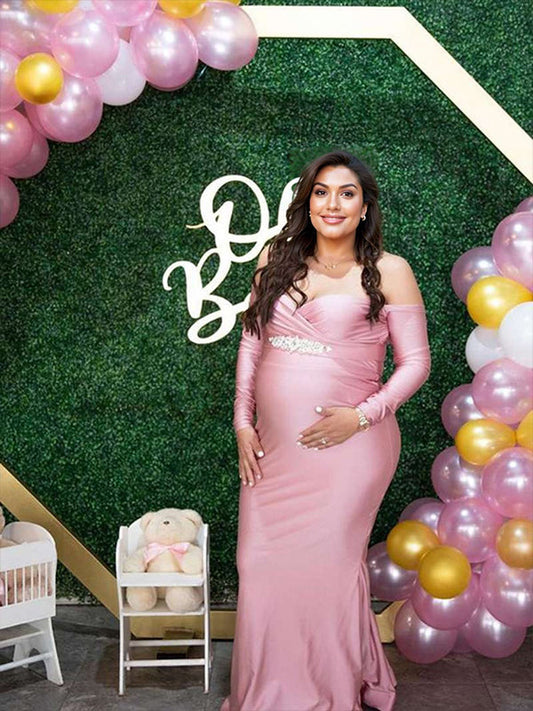 fotobeyou Pink Off Shoulder Long Sleeve High Split Bodycon Baby Shower Party Gown Pregnancy Maternity Maxi Dress