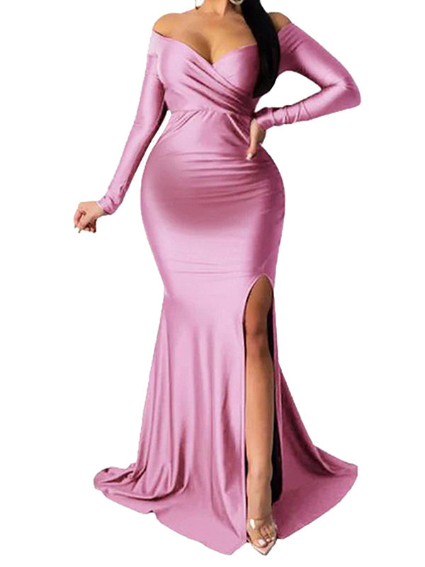 fotobeyou Pink Off Shoulder Long Sleeve High Split Bodycon Baby Shower Party Gown Pregnancy Maternity Maxi Dress