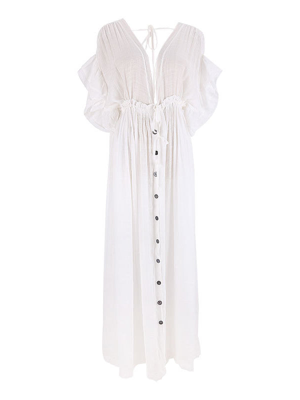 fotobeyou White Deep V Neck Button Down Boho Beach Bikini Cover Up Dress Party Photoshoot Maternity Dress