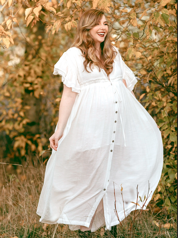 fotobeyou White Deep V Neck Button Down Boho Beach Bikini Cover Up Dress Party Photoshoot Maternity Dress