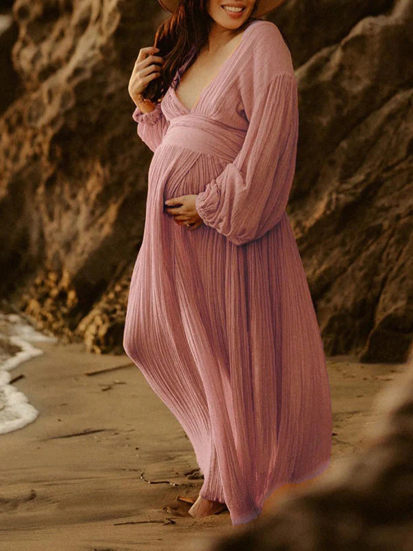 fotobeyou Slit Deep V-neck Lantern Sleeve Elegant Photoshoot Maternity Maxi Dress