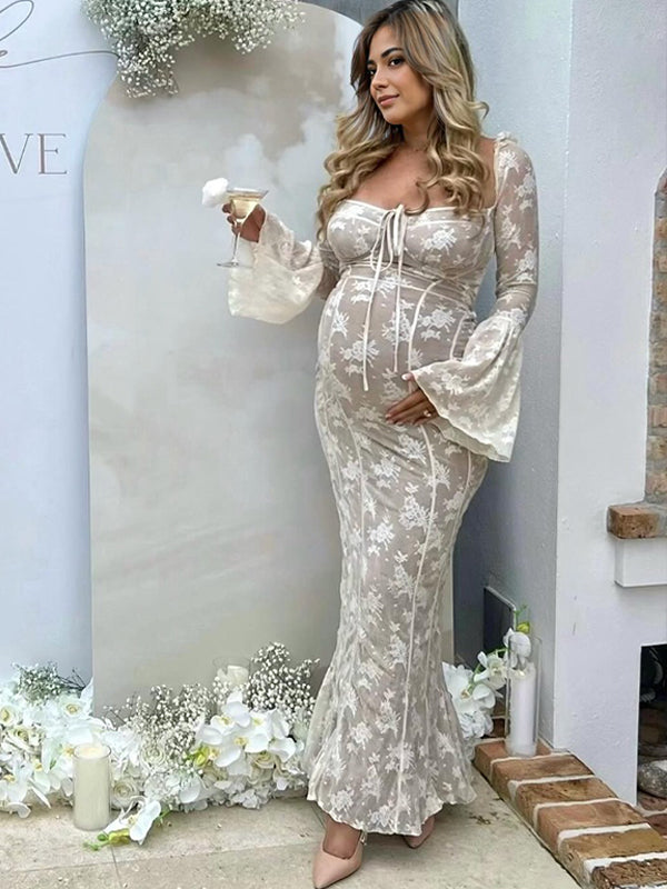 fotobeyou White Lace Corset Square Neck Flare Sleeve Off Shoulder Bodycon Elegant Cocktail Party Maternity Photoshoot Baby Shower Maxi Dress