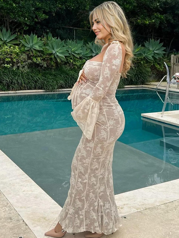 fotobeyou White Lace Corset Square Neck Flare Sleeve Off Shoulder Bodycon Elegant Cocktail Party Maternity Photoshoot Baby Shower Maxi Dress