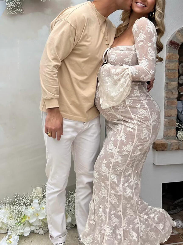 fotobeyou White Lace Corset Square Neck Flare Sleeve Off Shoulder Bodycon Elegant Maternity Gender Reveal Maxi Dress