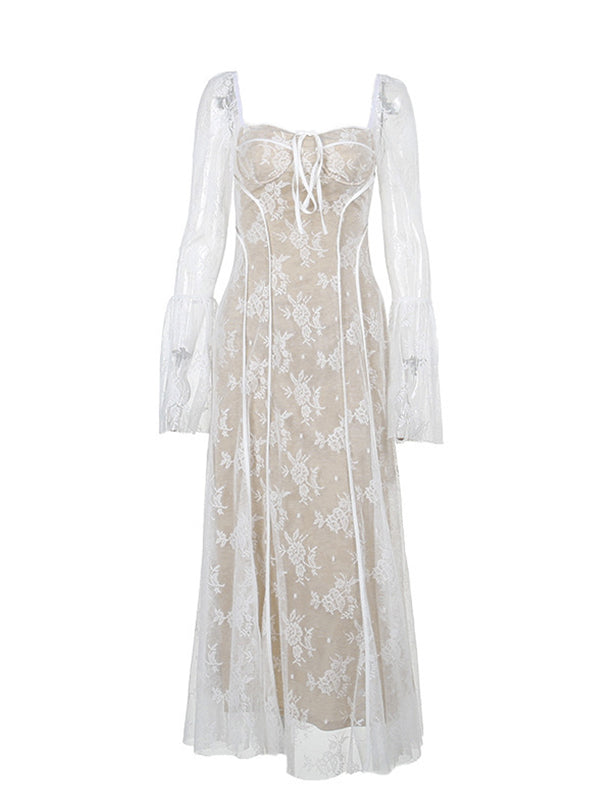 fotobeyou White Lace Corset Square Neck Flare Sleeve Off Shoulder Bodycon Elegant Cocktail Party Maternity Baby Shower Photoshoot Maxi Dress