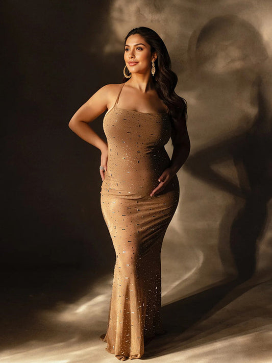 fotobeyou Apricot Sheer Rhinestone Diamond Cami Bodycon Fashion Party Club Maternity Photoshoot Baby Shower Maxi Dress