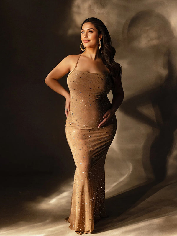 fotobeyou Apricot Sheer Rhinestone Diamond Cami Bodycon Fashion Party Club Maternity Photoshoot Baby Shower Maxi Dress