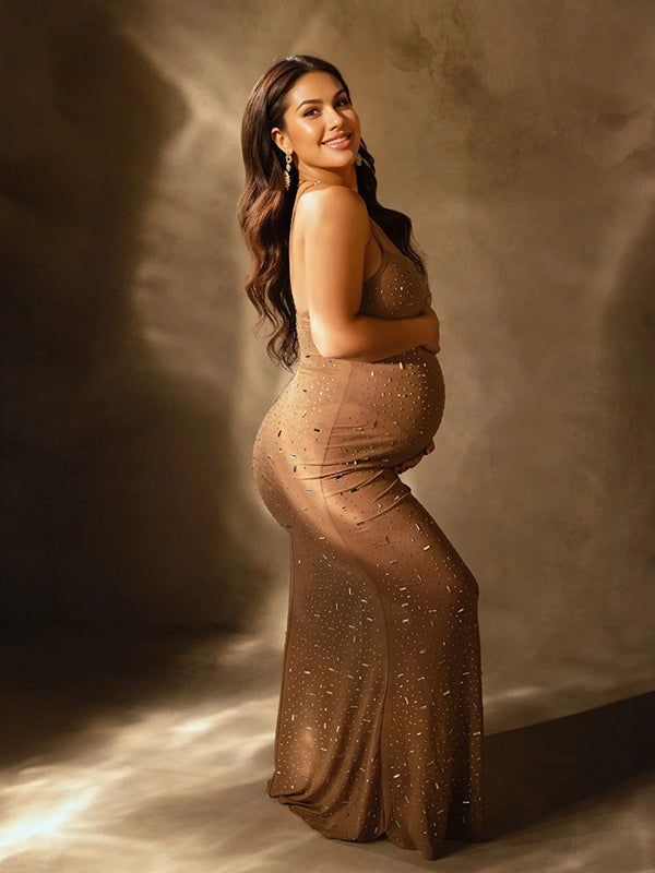 fotobeyou Apricot Sheer Rhinestone Diamond Cami Bodycon Fashion Party Club Maternity Photoshoot Baby Shower Maxi Dress