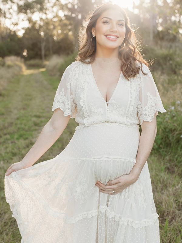 fotobeyou Boho Lace White V-Neck Short Sleeve Ruffle Embroidery High Waist Photoshoot Maternity Maxi Dress