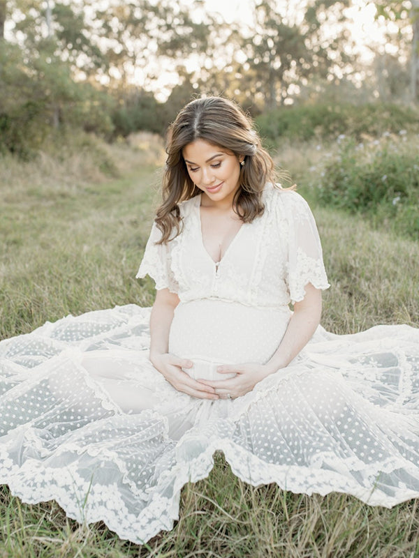 fotobeyou Boho Lace White V-Neck Short Sleeve Ruffle Embroidery High Waist Photoshoot Maternity Maxi Dress