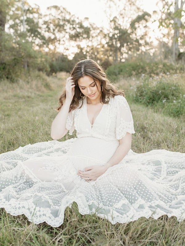 fotobeyou Boho Lace White V-Neck Short Sleeve Ruffle Embroidery High Waist Photoshoot Maternity Maxi Dress