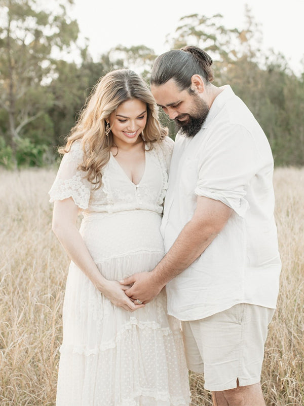 fotobeyou Boho Lace White V-Neck Short Sleeve Ruffle Embroidery High Waist Photoshoot Maternity Maxi Dress