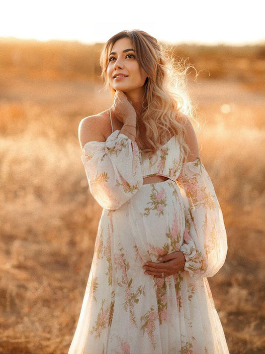 fotobeyou White Floral Cut Out Off Shoulder Backless Cami Big Swing Elegant Vacation Maternity Hobo Photoshoot Baby Shower Maxi Dress