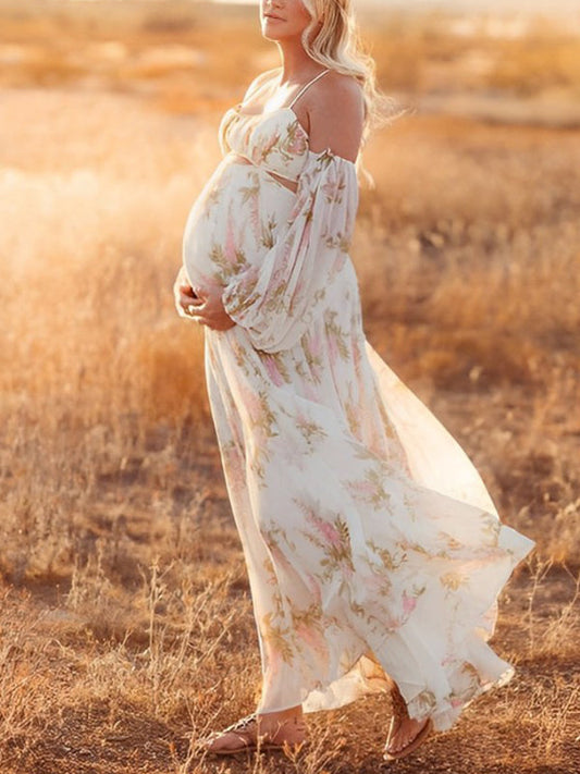 fotobeyou White Floral Cut Out Off Shoulder Backless Cami Big Swing Elegant Vacation Maternity Hobo Photoshoot Baby Shower Maxi Dress