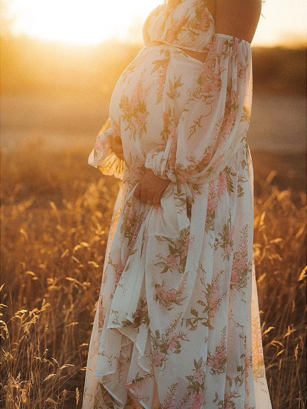 fotobeyou White Floral Cut Out Off Shoulder Backless Cami Big Swing Elegant Vacation Maternity Hobo Photoshoot Baby Shower Maxi Dress