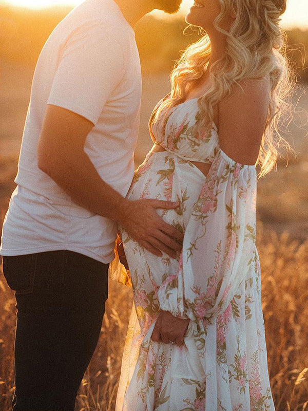 fotobeyou White Floral Cut Out Off Shoulder Backless Cami Big Swing Elegant Vacation Maternity Hobo Photoshoot Baby Shower Maxi Dress