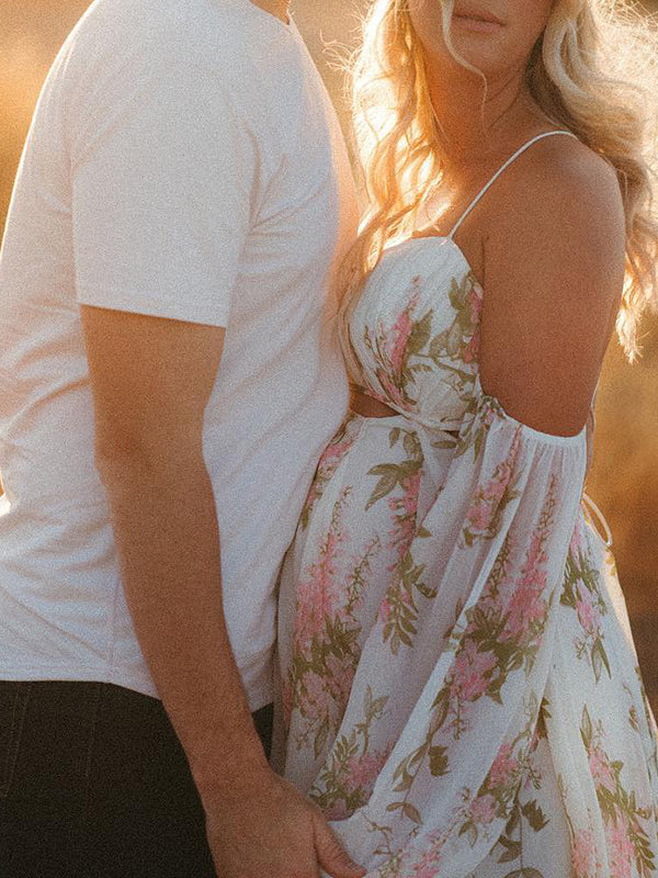 fotobeyou White Floral Cut Out Off Shoulder Backless Cami Big Swing Elegant Vacation Maternity Hobo Photoshoot Baby Shower Maxi Dress