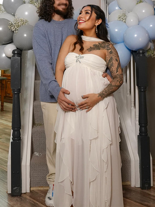 fotobeyou White Backless Bandeau Wavy Edge Backless High Waist Baby Shower Maternity Maxi Dress