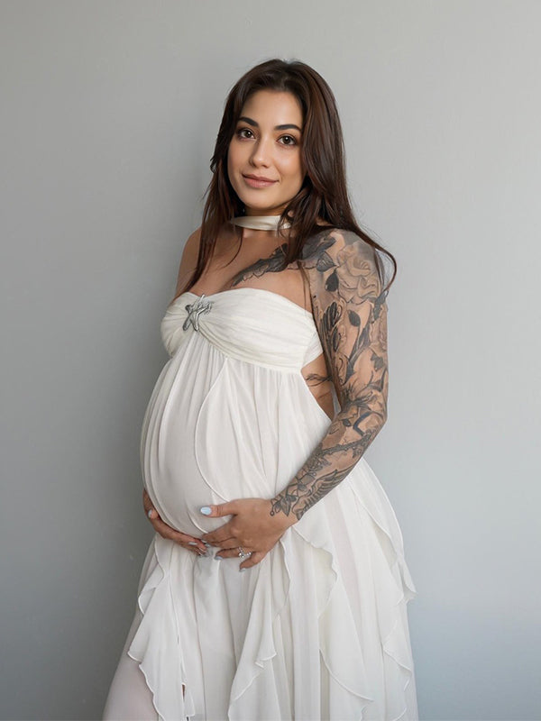 fotobeyou White Backless Bandeau Wavy Edge Backless High Waist Baby Shower Maternity Maxi Dress