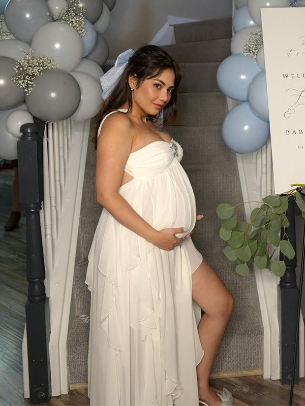 fotobeyou White Backless Bandeau Wavy Edge Backless High Waist Baby Shower Maternity Maxi Dress