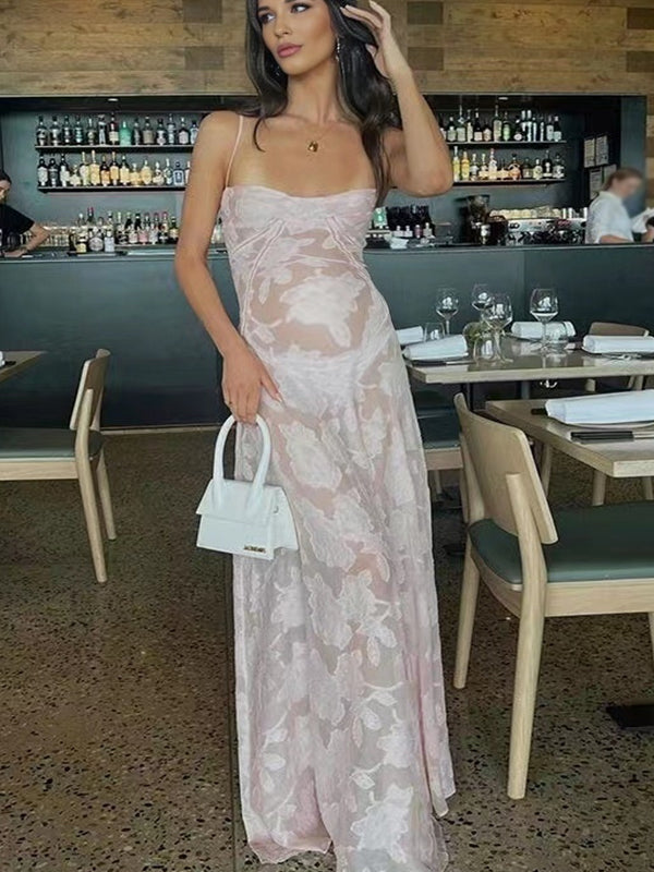 fotobeyou Pink Spaghetti Strap Backless Sheer Big Swing Chic Maternity Maxi Dress