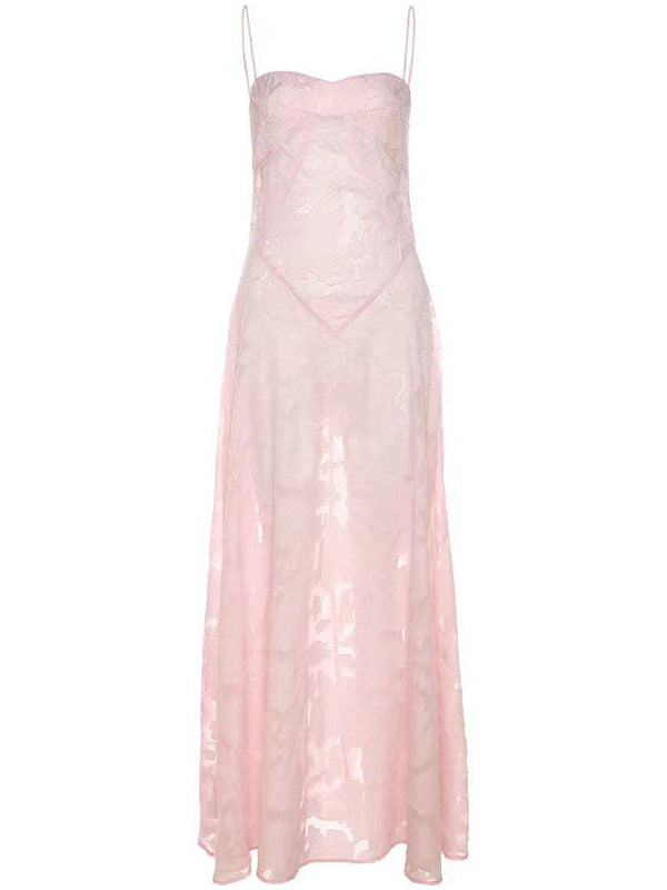 fotobeyou Pink Spaghetti Strap Backless Sheer Big Swing Chic Maternity Maxi Dress