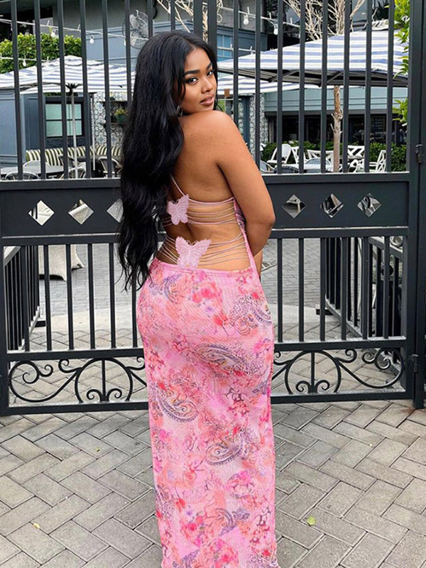 fotobeyou Spaghetti Strap Backless cami Printing Butterfly Bodycon Chic Maternity Maxi Dress