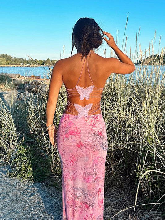fotobeyou Spaghetti Strap Backless cami Printing Butterfly Bodycon Chic Maternity Maxi Dress