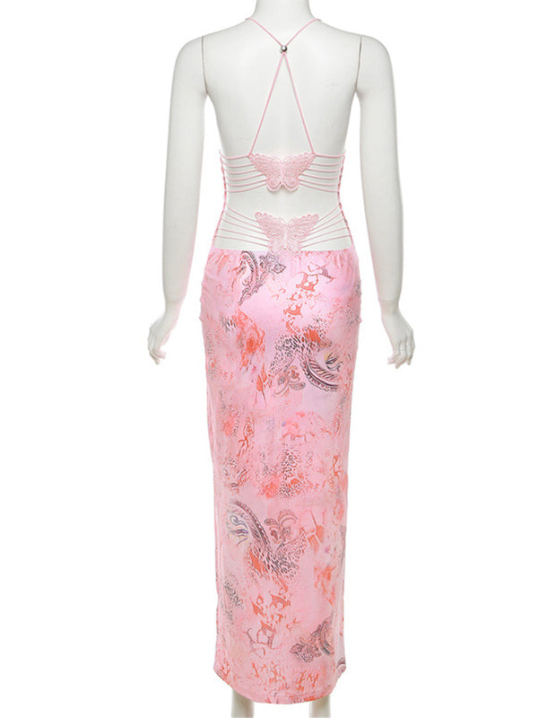 fotobeyou Spaghetti Strap Backless cami Printing Butterfly Bodycon Chic Maternity Maxi Dress