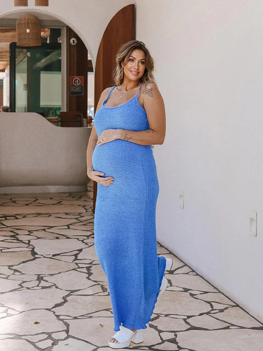 fotobeyou Blue Spaghetti Strap Backless Crochet Mermaid Bandage Bodycon Vacation Photoshoot Maternity Maxi Dress