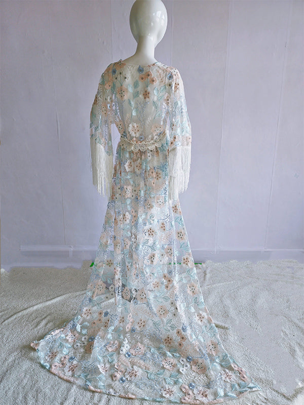 fotobeyou Boho Lace Splicing Tassel Embroidery V-Neck Flare Sleeve Sheer Photoshoot Maternity Maxi Dress