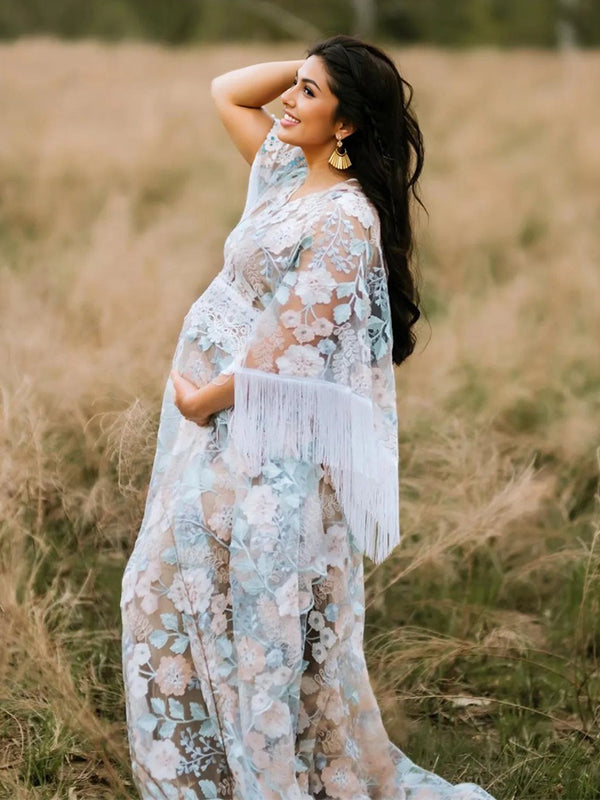 fotobeyou Boho Lace Splicing Tassel Embroidery V-Neck Flare Sleeve Sheer Photoshoot Maternity Maxi Dress