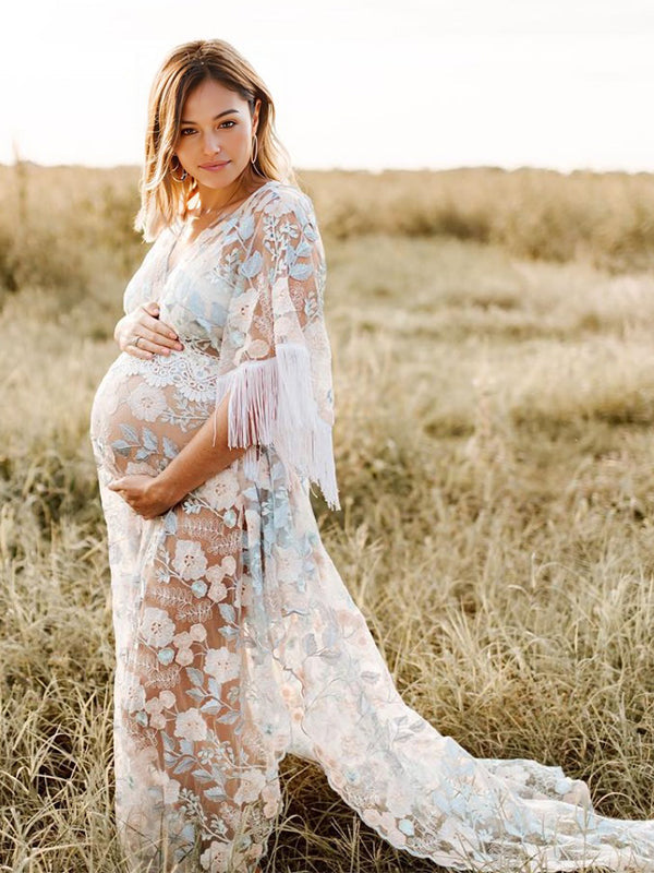 fotobeyou Boho Lace Splicing Tassel Embroidery V-Neck Flare Sleeve Sheer Photoshoot Maternity Maxi Dress