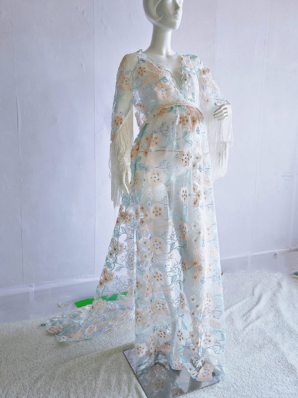 fotobeyou Boho Lace Splicing Tassel Embroidery V-Neck Flare Sleeve Sheer Photoshoot Maternity Maxi Dress