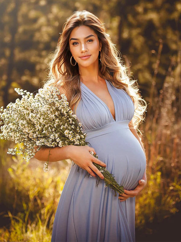 fotobeyou Spaghetti Strap Backless Tie Back High Waist Boho Photoshoot Maternity Maxi Dress