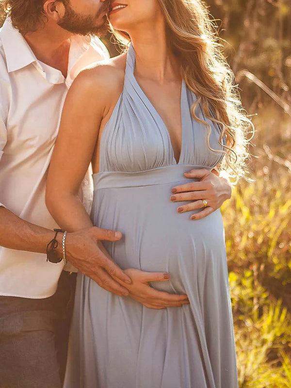 fotobeyou Spaghetti Strap Backless Tie Back High Waist Boho Photoshoot Maternity Maxi Dress