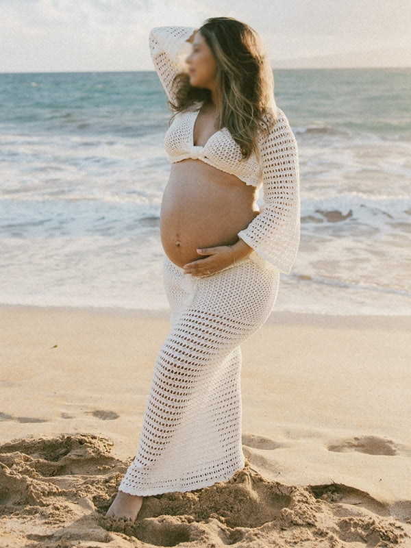 fotobeyou White Tie Front Crop V-Neck Crochet Beach Vacation Photoshoot Maternity Maxi Dress