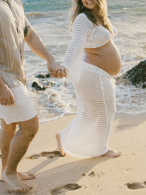 fotobeyou White Tie Front Crop V-Neck Crochet Beach Vacation Photoshoot Maternity Maxi Dress