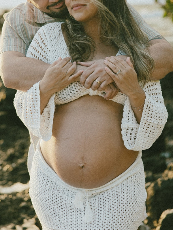 fotobeyou White Tie Front Crop V-Neck Crochet Beach Vacation Photoshoot Maternity Maxi Dress