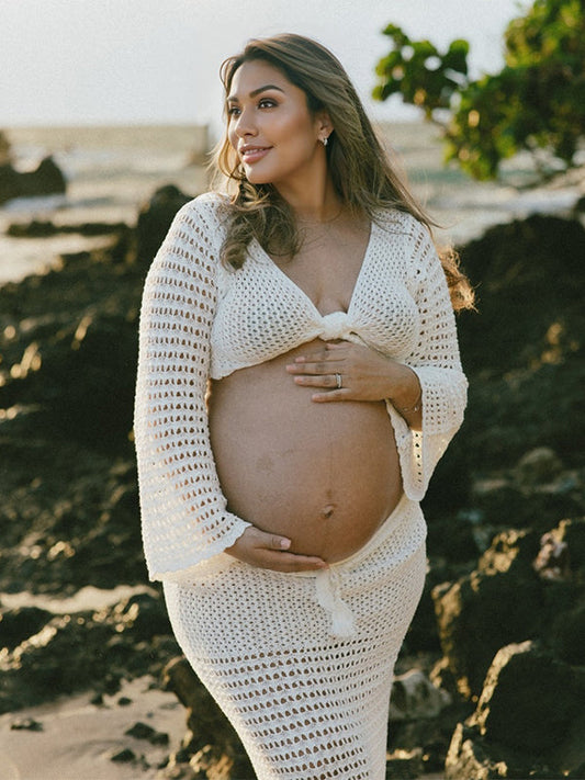 fotobeyou White Tie Front Crop V-Neck Crochet Beach Vacation Photoshoot Maternity Maxi Dress
