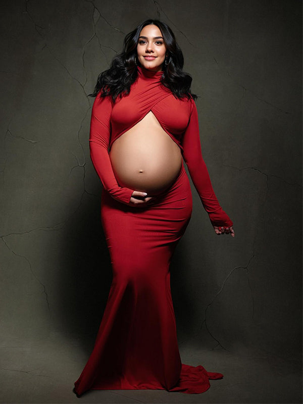 fotobeyou Red Cross Front Crop Cut Out Backless Mermaid Bodycon Photoshoot Maternity Maxi Dress