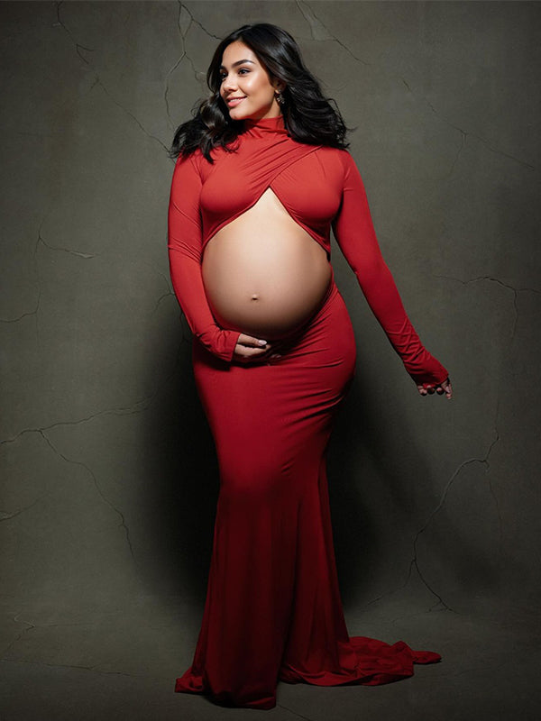 fotobeyou Red Cross Front Crop Cut Out Backless Mermaid Bodycon Photoshoot Maternity Maxi Dress