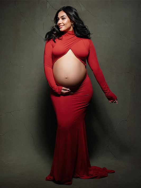 fotobeyou Red Cross Front Crop Cut Out Backless Mermaid Bodycon Photoshoot Maternity Maxi Dress