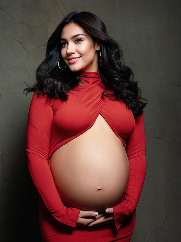 fotobeyou Red Cross Front Crop Cut Out Backless Mermaid Bodycon Photoshoot Maternity Maxi Dress