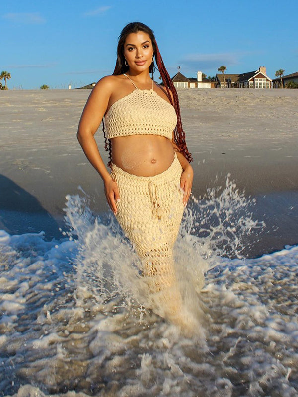 fotobeyou Apricot Halter Neck Back Lace-up Tassel 2-in-1 Drawstring Crochet Crop Vacation Maternity Maxi Dress