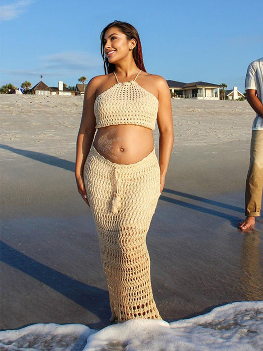 fotobeyou Apricot Halter Neck Back Lace-up Tassel 2-in-1 Drawstring Crochet Crop Vacation Maternity Maxi Dress