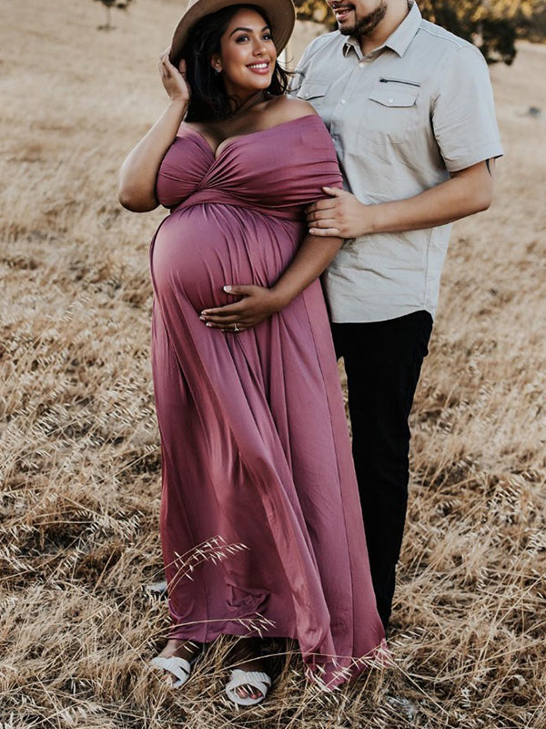 fotobeyou Solid Color Backless Tie Back High Waist Photoshoot Maternity Maxi Dress